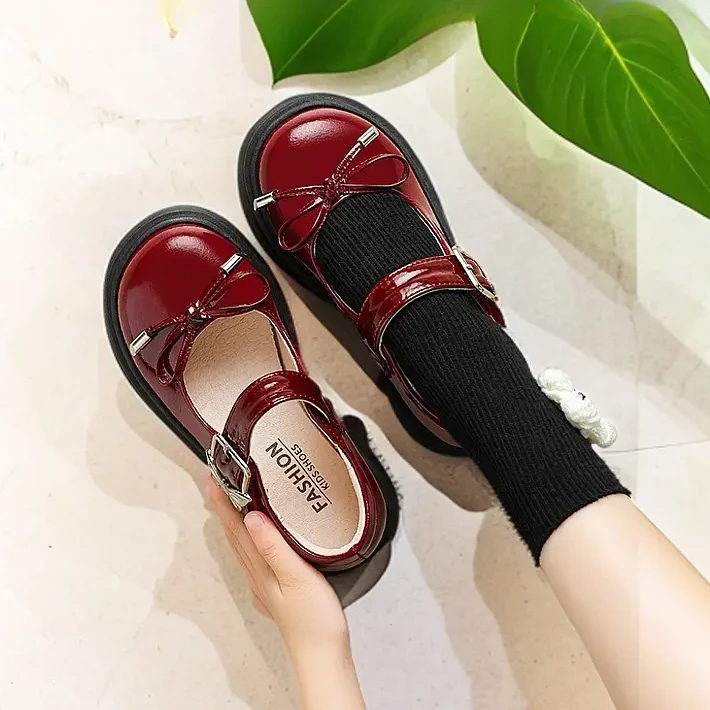 女童鞋蝴蝶结小皮鞋2025春秋季款软底公主鞋酒红儿童鞋校园表演鞋