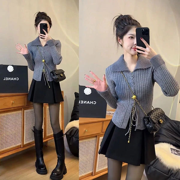 设计感翻领拼接毛毛抽绳系带修身显瘦毛衣+短裙套装