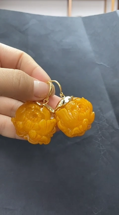 银S925镶嵌琥珀裸石蜜蜡耳坠