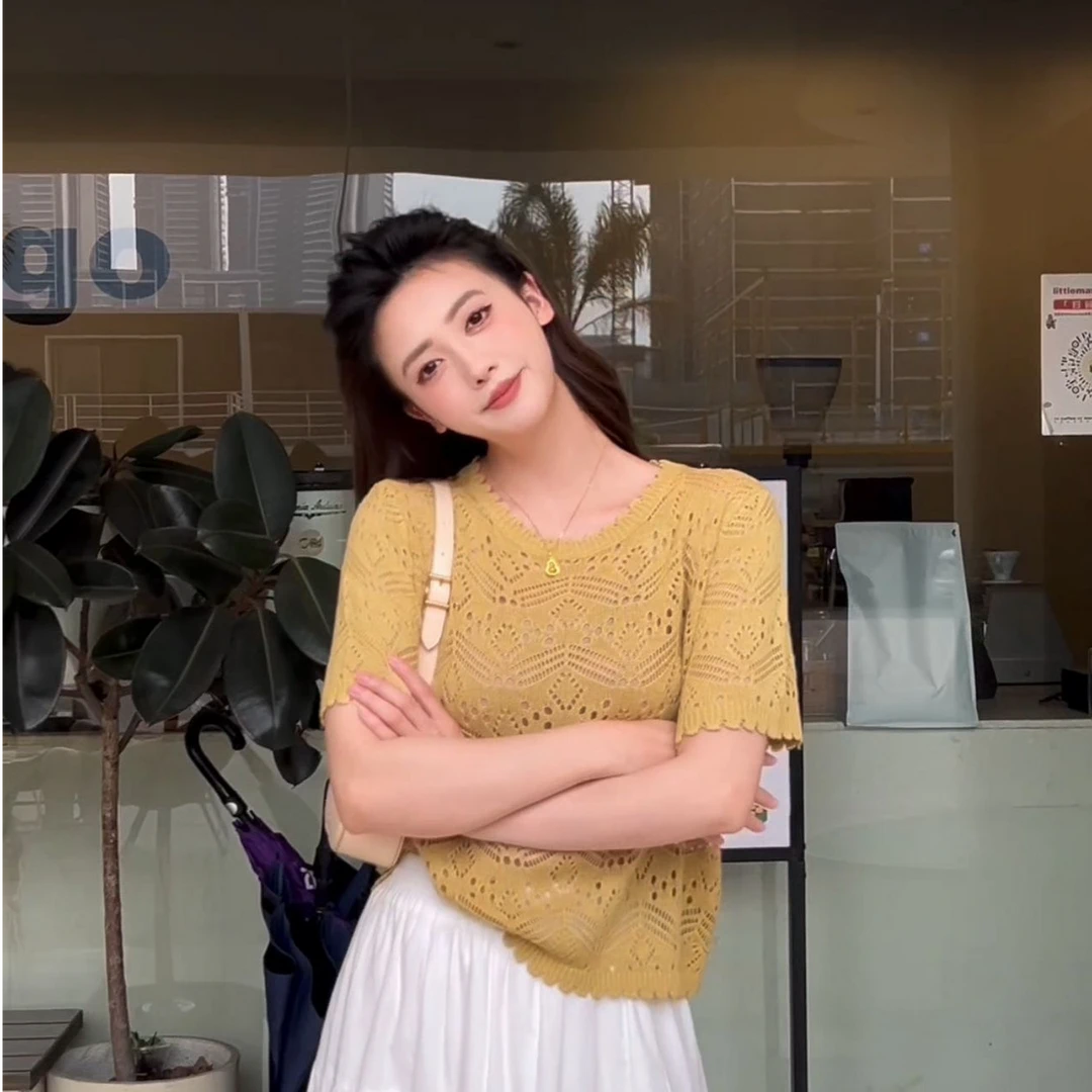 【春日来信】薄款镂空短袖花领新款气质针织衫上衣女爆款