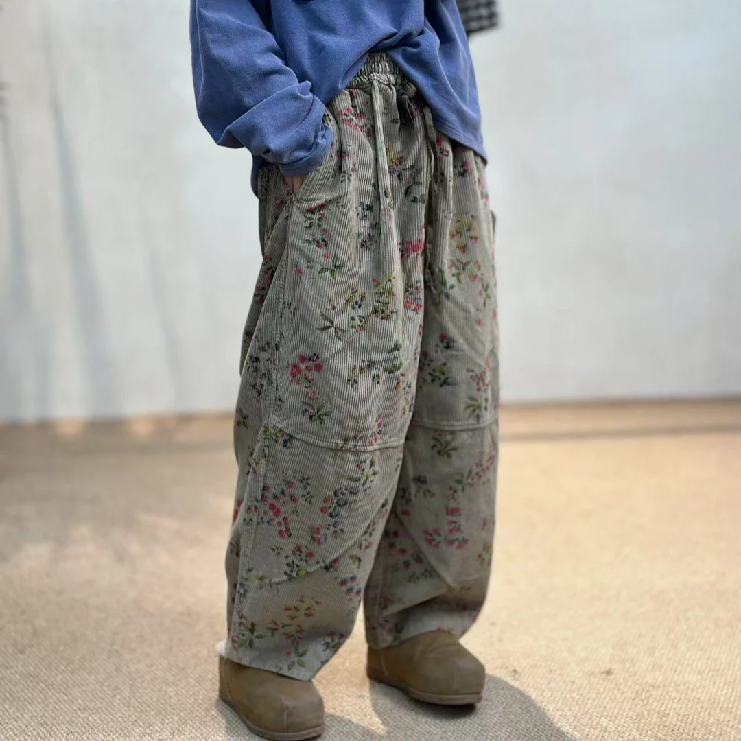 忆古朴拙2411132春季新款女士100棉坑条印花松紧腰抽绳宽松休闲裤