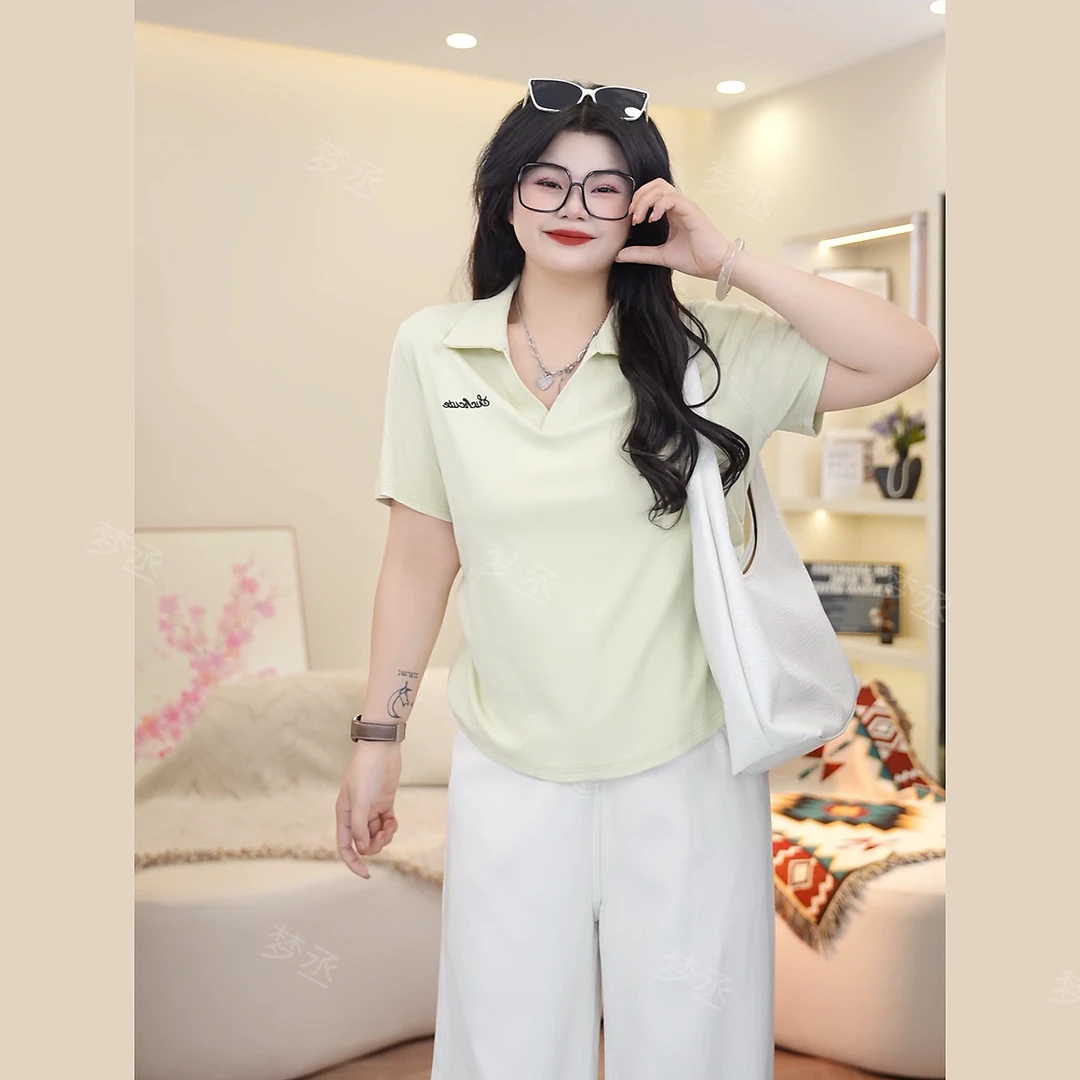 梦丞-刺绣V领夏季大码女装弧形宽松百搭收腰气质减龄短袖T恤上衣