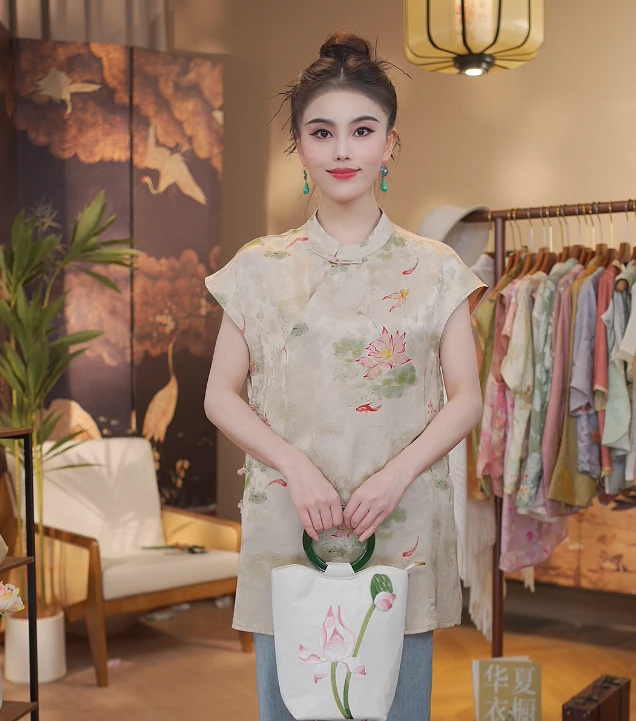 《 爱莲说-上衣》新中式提花国风时尚休闲透气长款短袖上衣