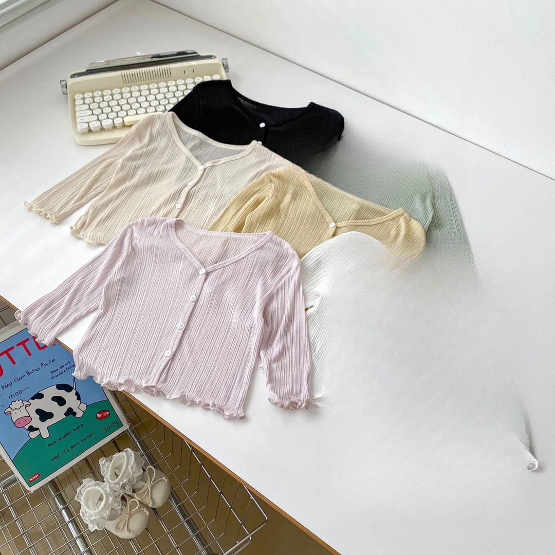 2025新款女童防晒衣纯色轻薄透气空调服女宝宝夏季木耳边开衫外套