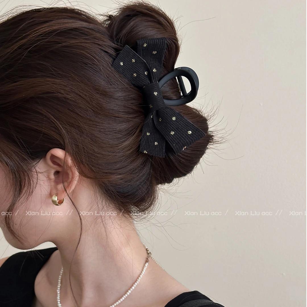 法式蝴蝶结波点抓夹女2025新款高级感后脑勺发夹气质鲨鱼夹子发饰