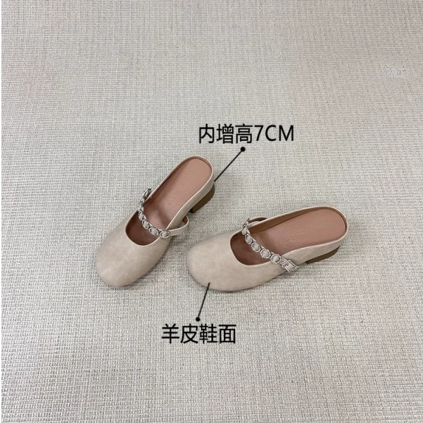 羊皮版内增高7cm包头半拖鞋女外穿一脚蹬玛丽珍温柔网红鞋凉拖鞋