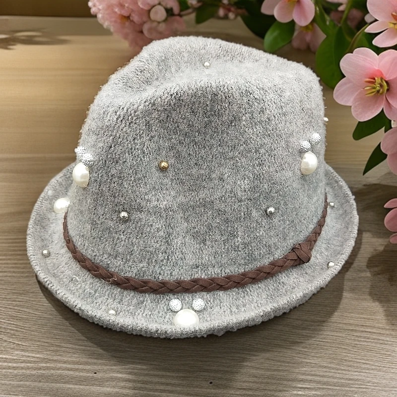 帽语®春秋冬 英伦钉珠编织帽带羊毛呢卷边礼帽爵士帽HCJM00003