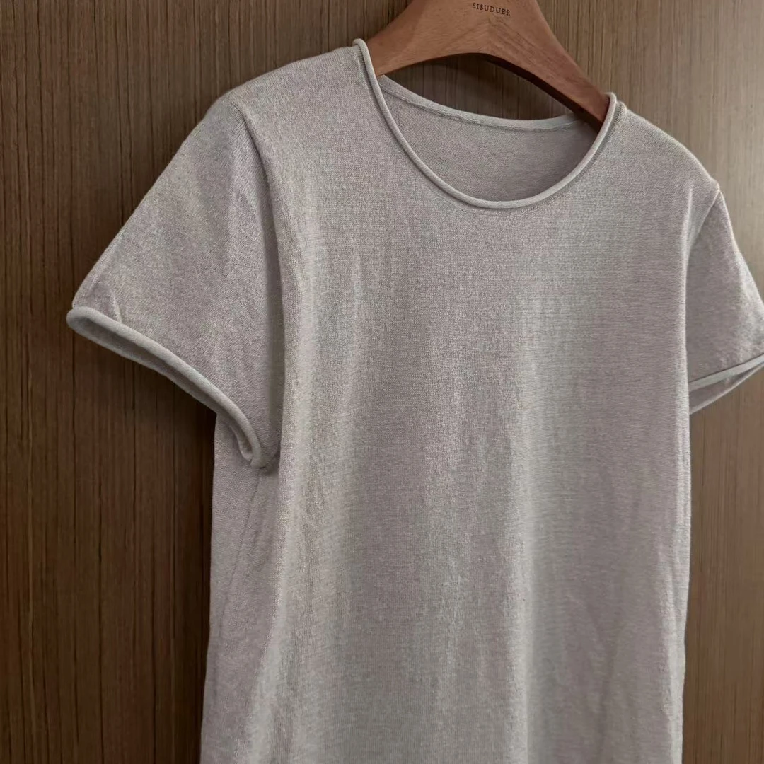 【风传花信】短袖羊毛针织衫时尚简约百搭纯色圆领上衣女显瘦