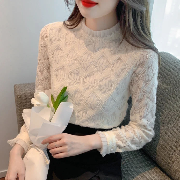 法式半高领蕾丝打底衫女士2025秋冬季新款高级感修身长袖加绒上衣
