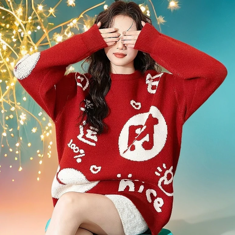 新年红色厚毛衣网红针织衫宽松加厚秋冬上衣洋气时尚百搭圆领冬款