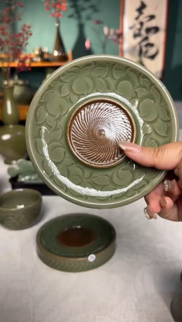 其他纯手工双色釉套钱纹寿桃壶承杯垫25号