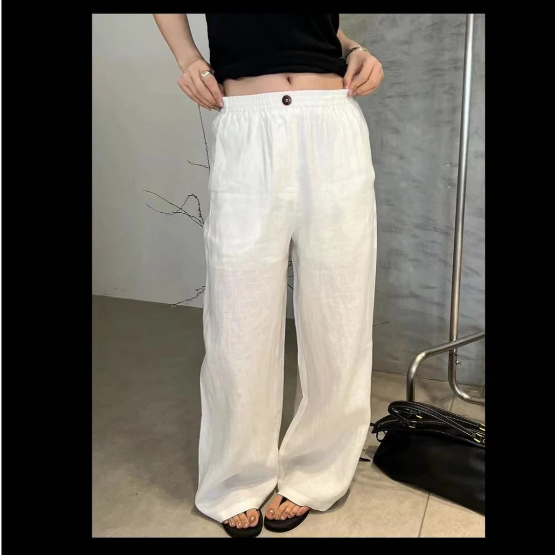松紧腰麻料阔腿裤（打皱严重，介意慎拍）