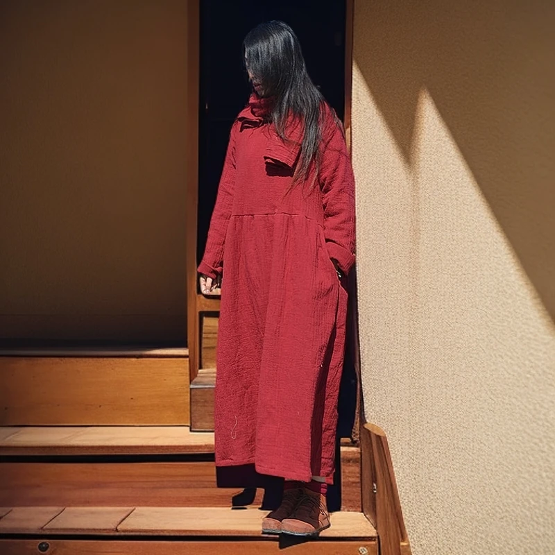 秋冬款时尚旅行女装圆领文艺连衣裙风格原创文艺长裙棉麻长袍