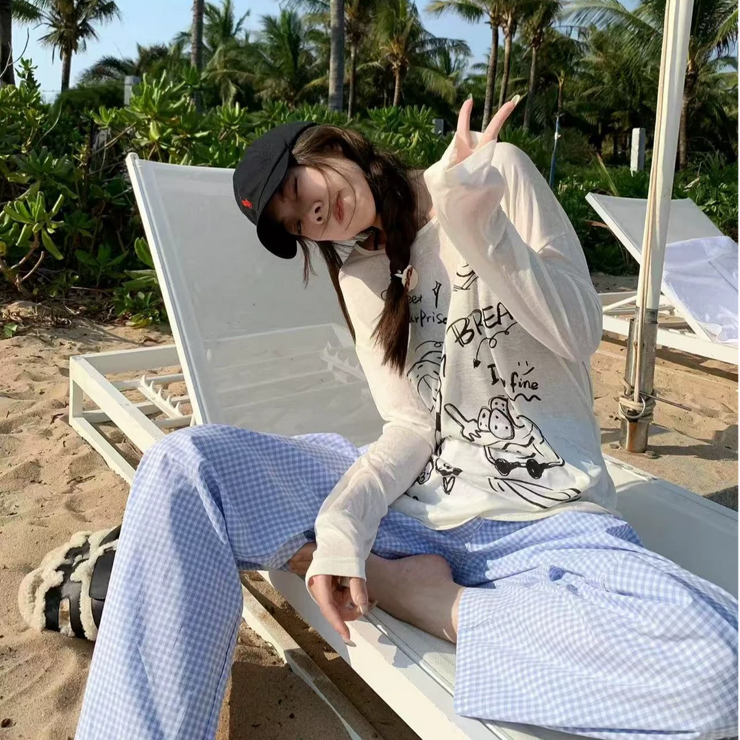 东大门松紧绳小方格子直筒春夏季休闲裤