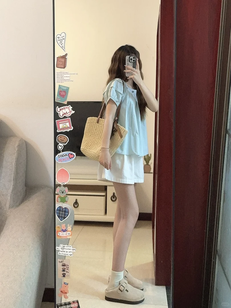 夏日穿搭一整套2025超火小个子独特漂亮泡泡袖衬衫短裤显瘦两件套