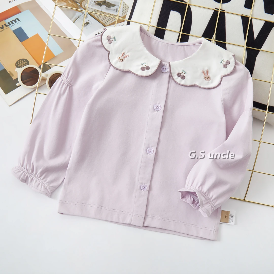 【葡萄小兔】H25007女童春款紫色洋气衬衫韩版可爱卡通上衣娃娃领