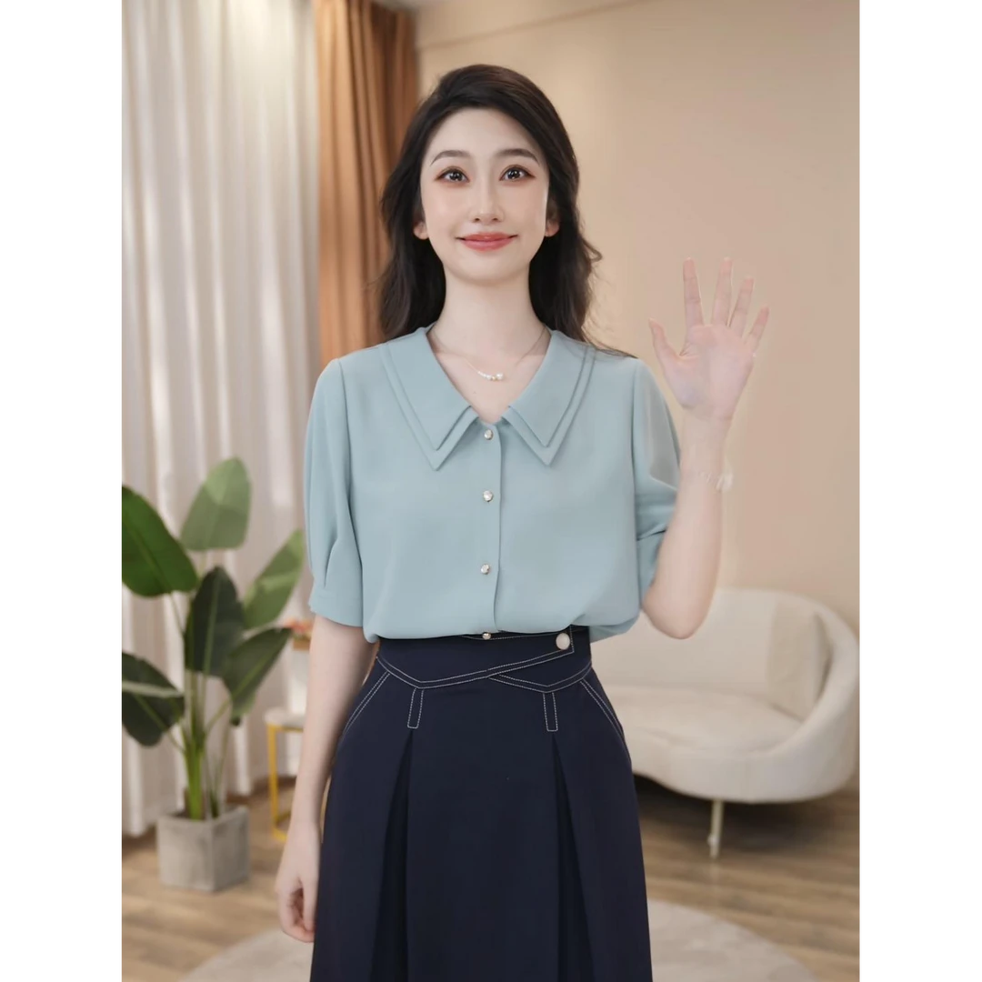 【曼贝】五一出游洋气纯色衬衫女2025夏新款短袖衬衣8592295【甜甜】