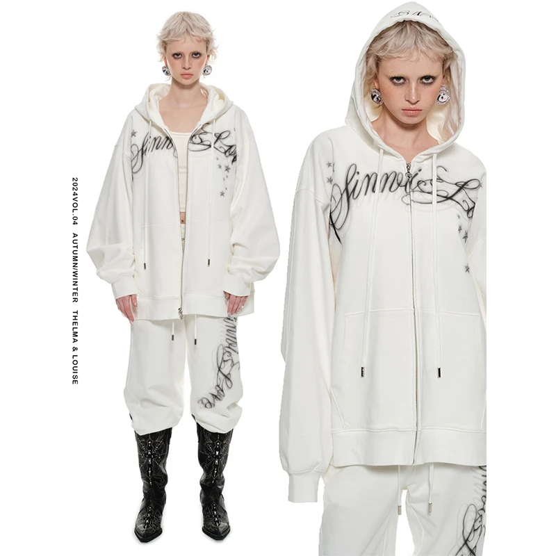 【佳佳】1JINN STUDIO 美式重磅喷绘字母印花宽松开衫卫衣