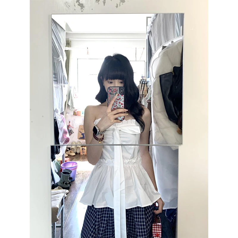 2025夏季新款一字肩花边系带设计感韩版辣妹性感抹胸直筒休闲裤