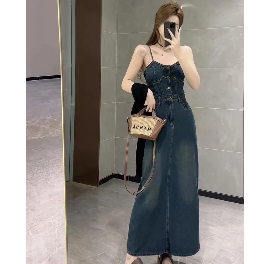 【FF-】小众收腰复古设计感吊带牛仔裙裙子女