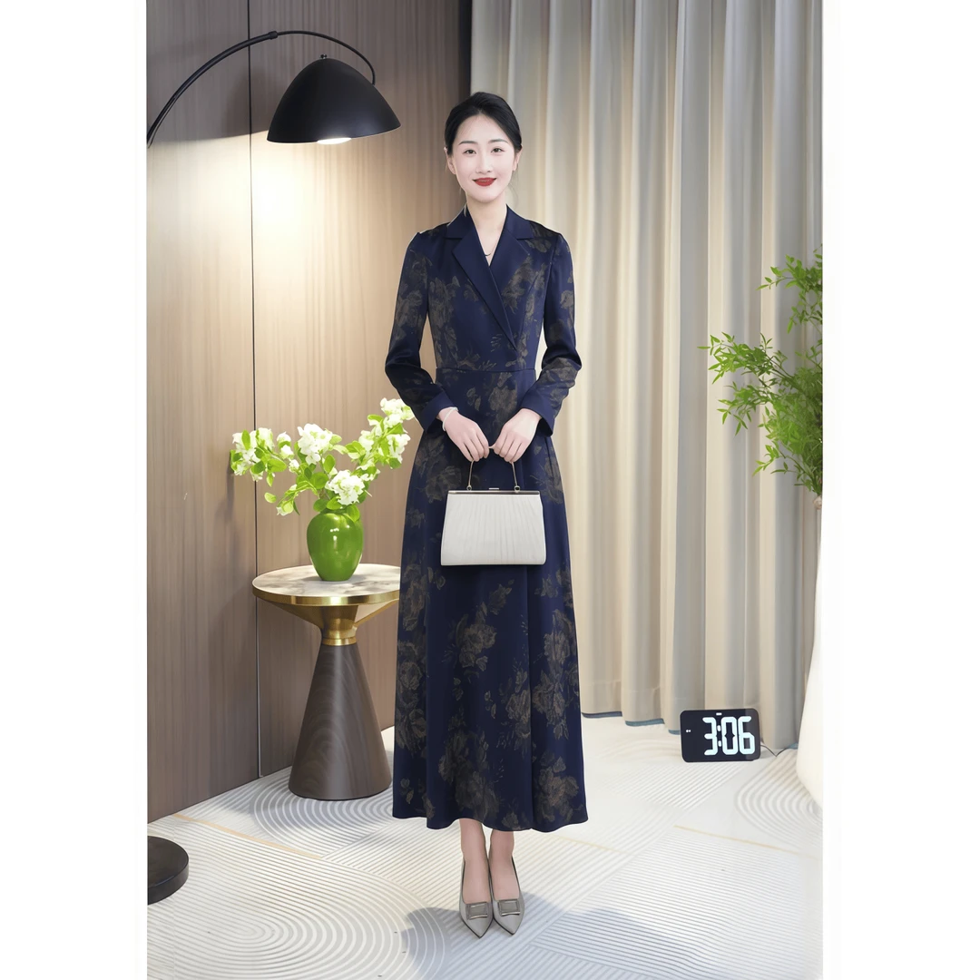 秋季长袖藏蓝色拼色2025新款西装领收腰显瘦连衣裙