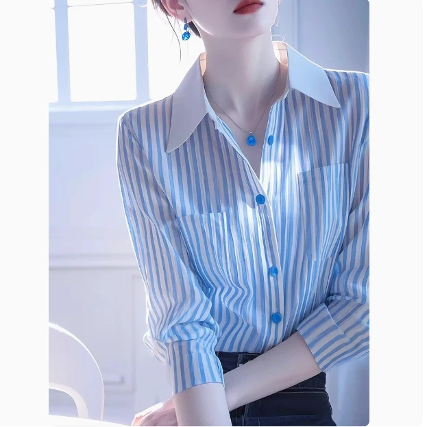 韩系超好看独特漂亮蓝白条纹Polo领衬衫女2025年新款女轻奢高级感
