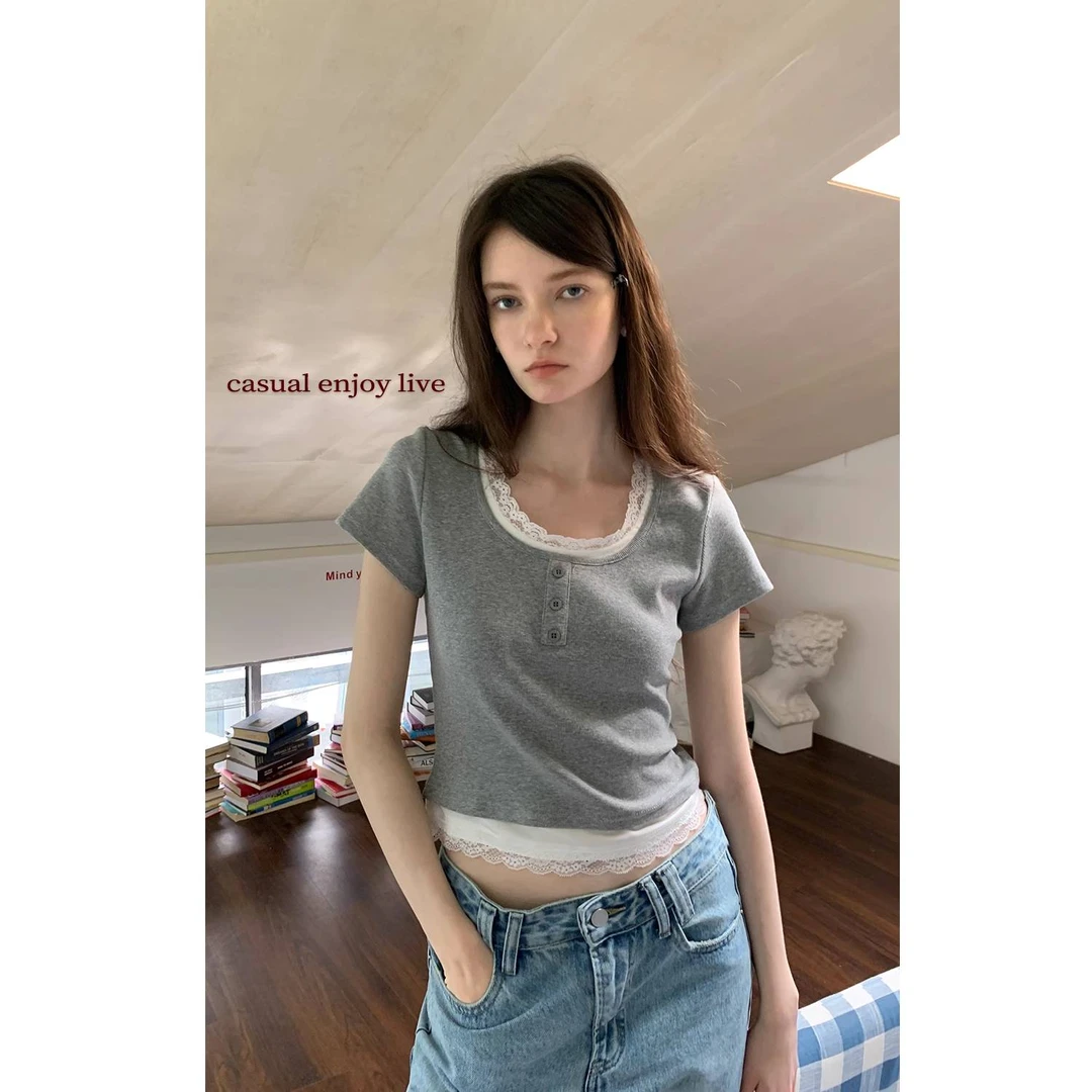 EGGKA “蕾丝少女”蕾丝花边短袖T恤女气质法式甜美上衣 E25A3608AF