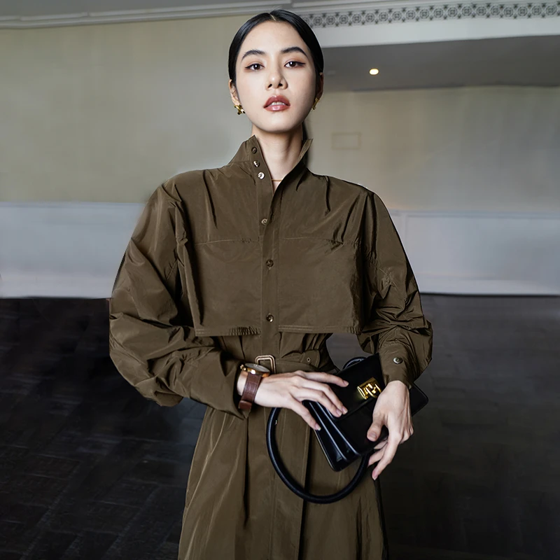 军绿色风衣连衣裙女春季小众长袖连肩高级感时尚