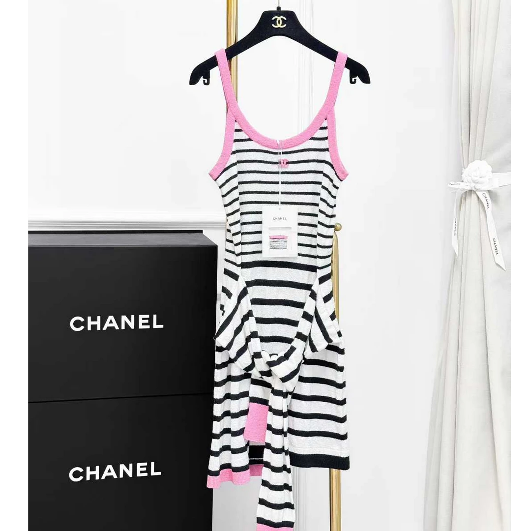 99新 Chanel/香奈儿 36码24S春夏黑白条纹绑带连衣裙