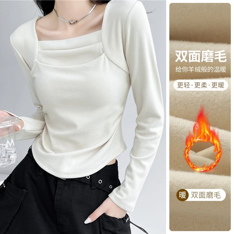 纯欲方领打底衫女秋冬2026新款德绒保暖长袖T恤内搭修身外穿上衣