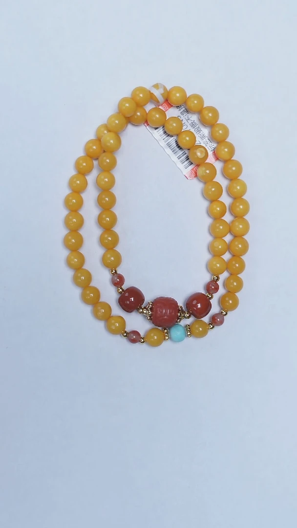 未镶嵌琥珀手链焦皮圆珠双圈