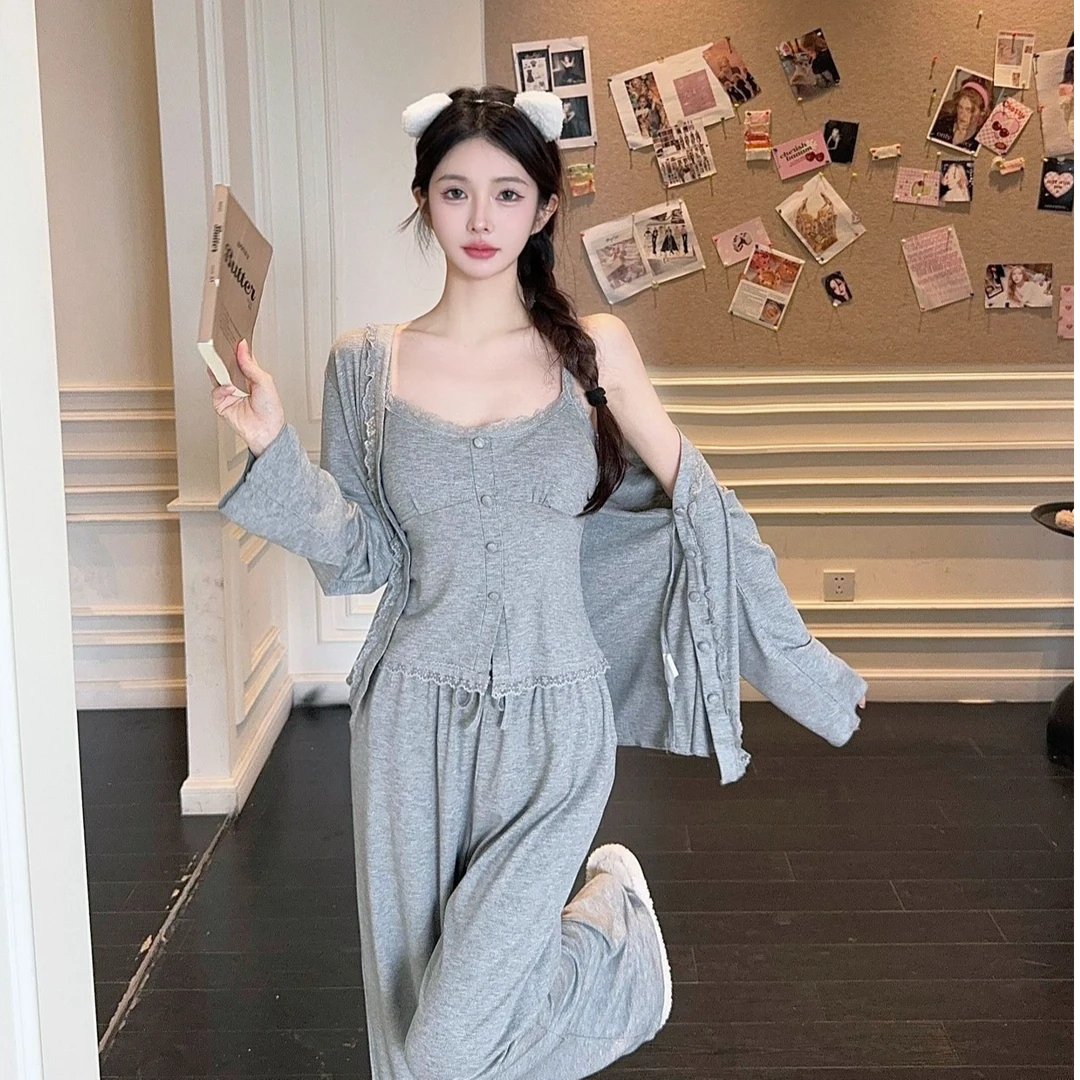 2024年春秋季新款莫代尔棉睡衣女吊带长袖三件套仙女风家居服网红