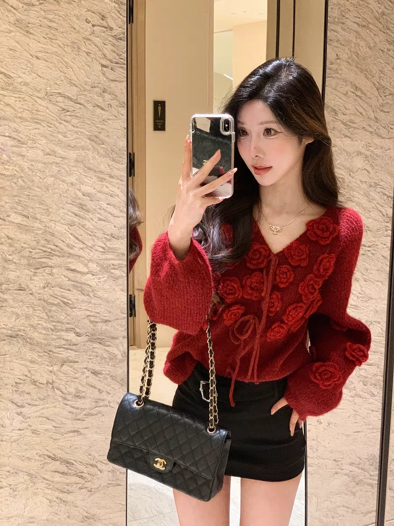 慵懒风温柔气质宽松针织衫毛衣花朵上衣女2025春季新款显瘦半身裙
