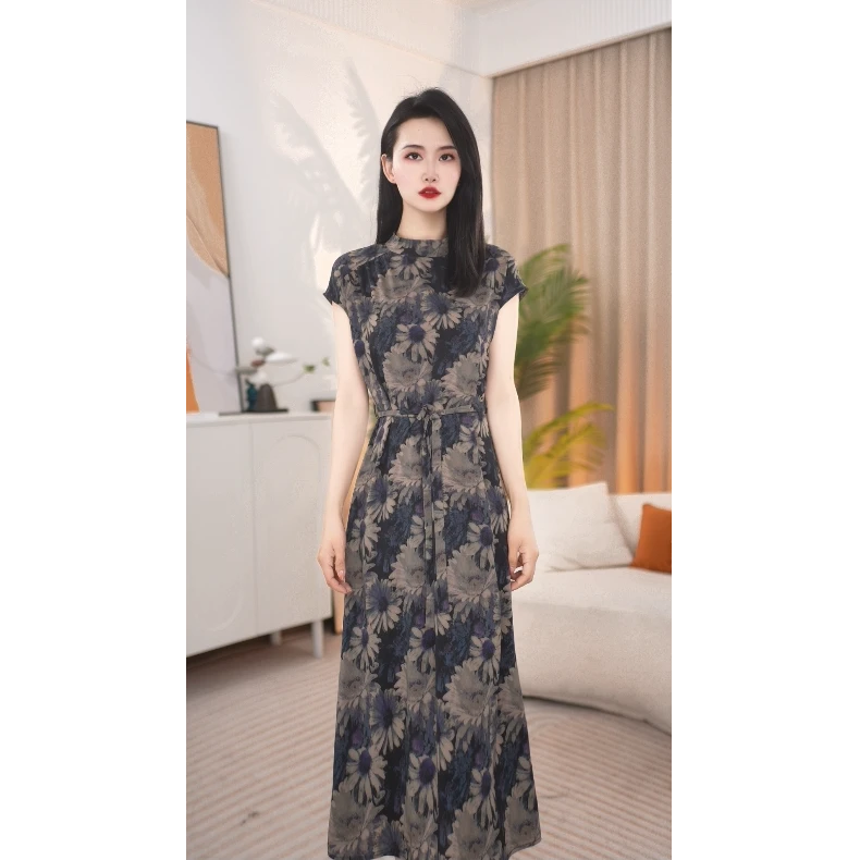 显瘦气质时尚夏季复古中式修身印花连衣裙25B009