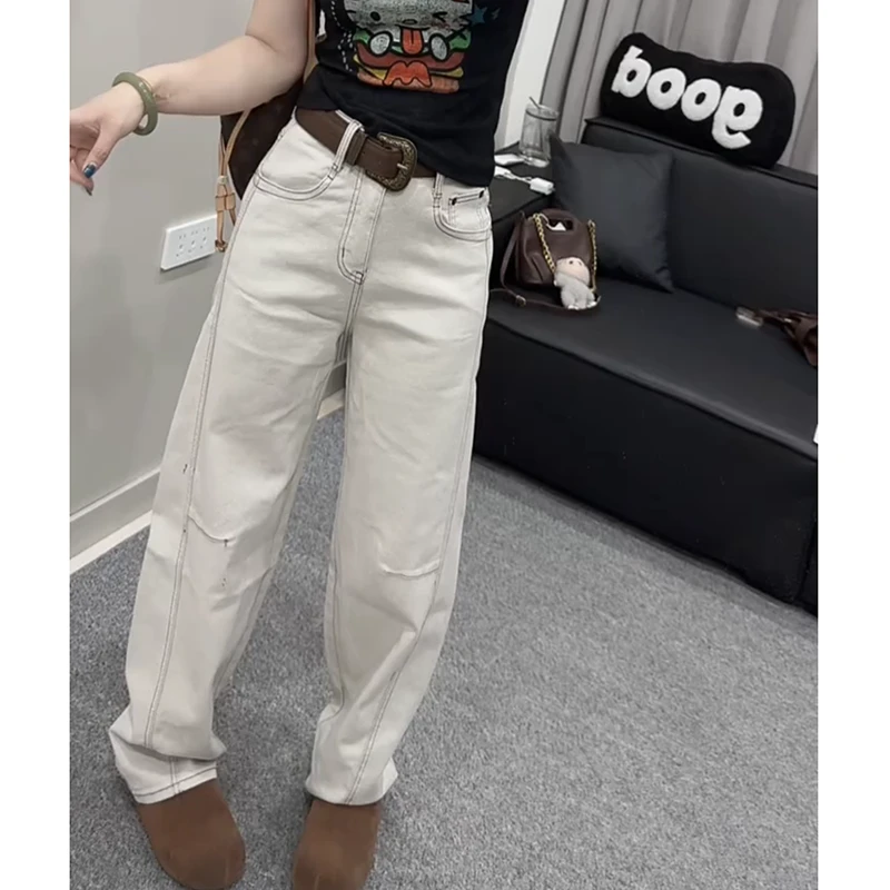 窄版直筒牛仔裤女2025秋季新款宽松阔腿裤大码女装显瘦弯刀拖地裤