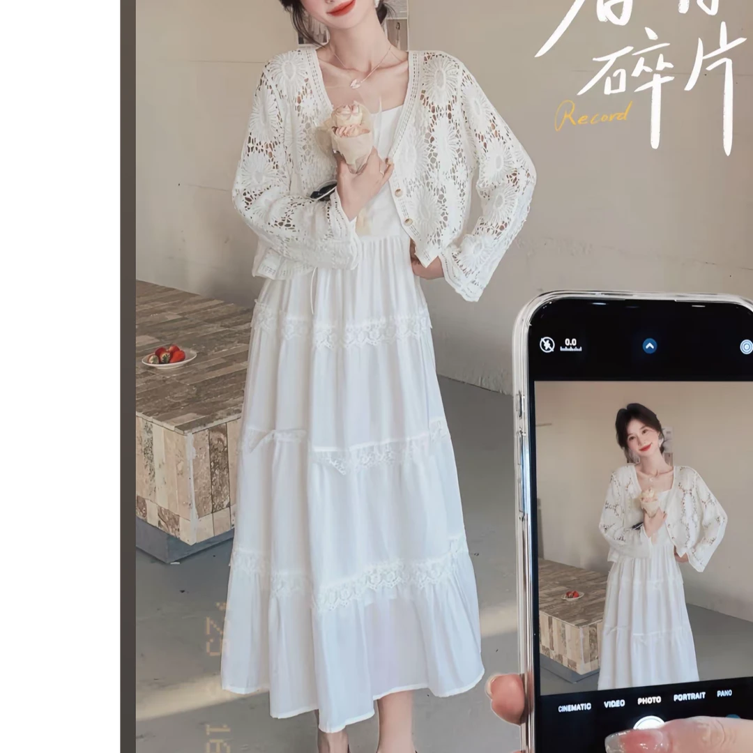 白色蕾丝拼接吊带裙女春季2025新款蛋糕裙