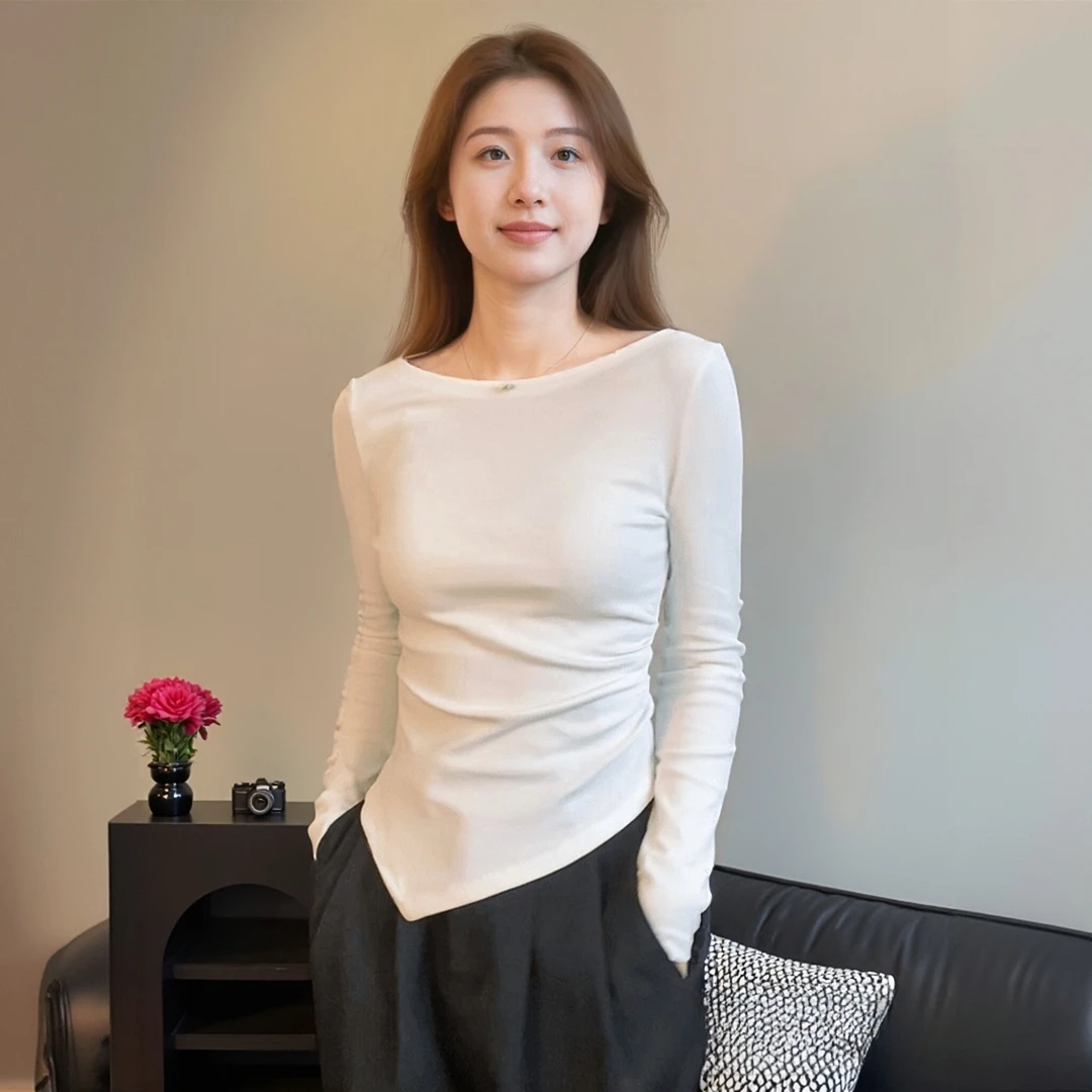 早秋白色一字肩露肩长袖打底衫女显瘦百搭设计感T恤洋气紧身上衣