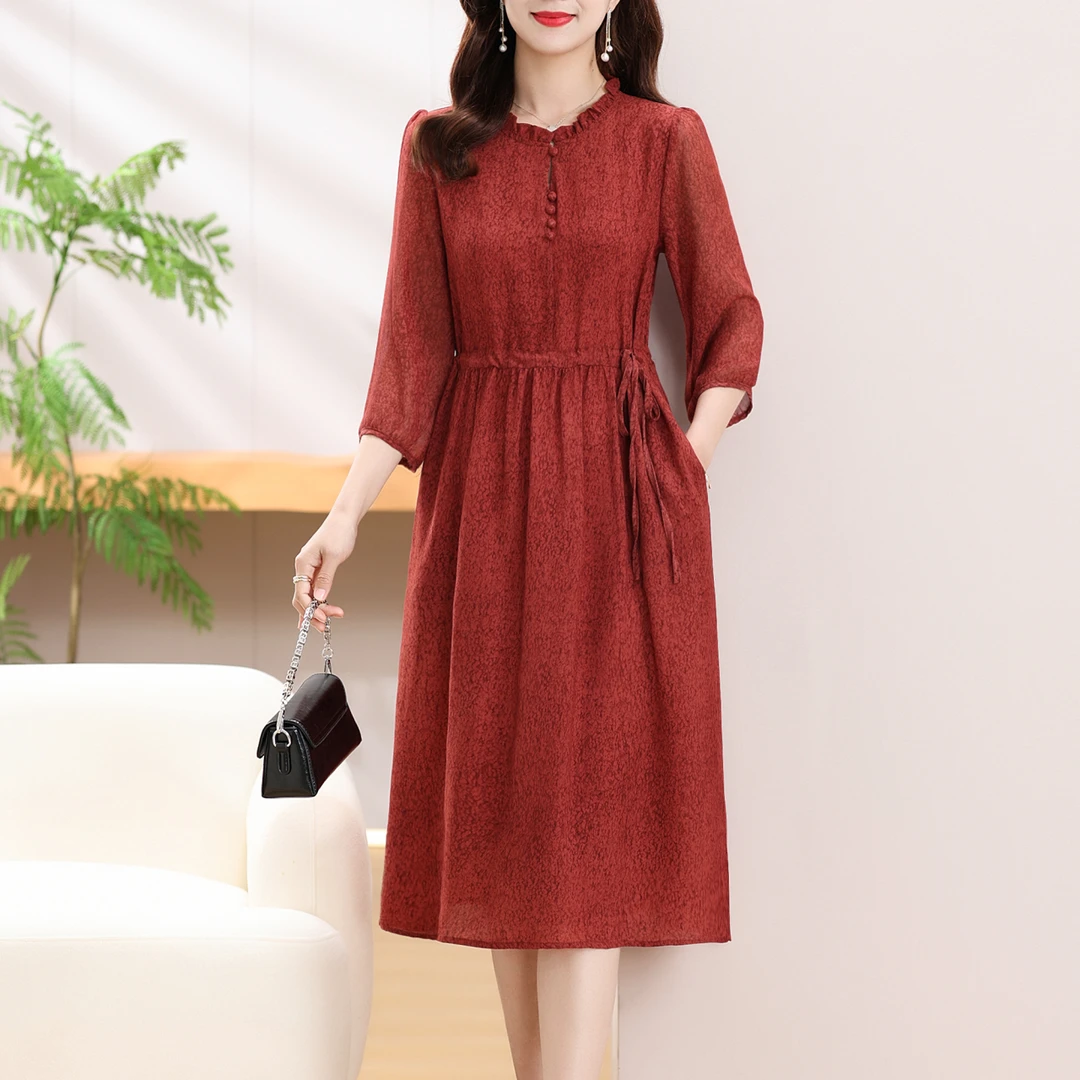 Y1123花边领中袖连衣裙女过膝小碎花显瘦长裙夏装新款收腰带显瘦