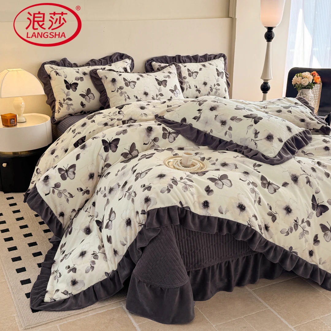 浪莎花边牛奶绒高克重四件套床单床盖款秋冬季防滑床笠珊瑚绒被套