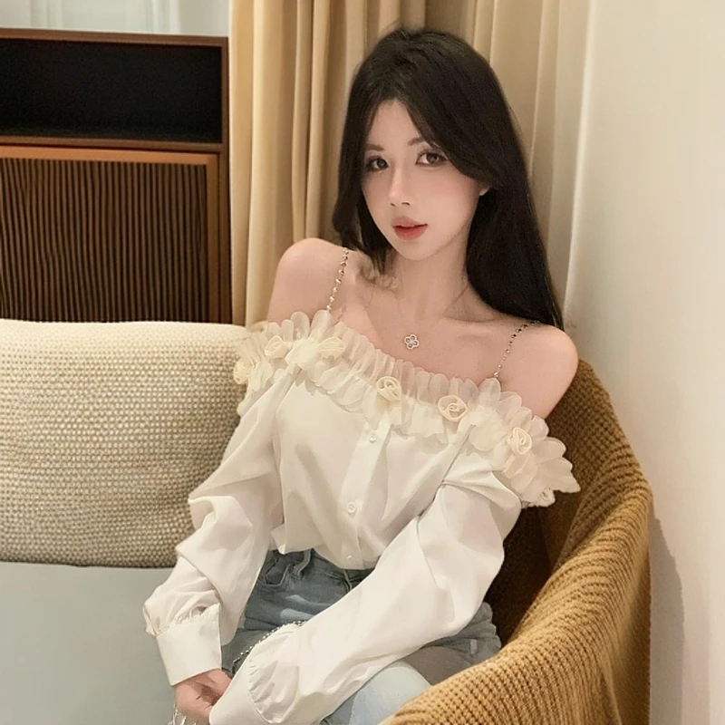 高级法式气质甜美一字花边宽松纯欲慵懒风女装吊带长袖显瘦衬衫