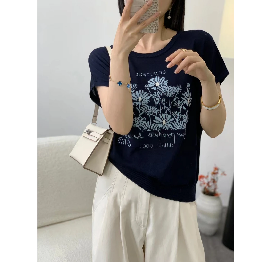 2025夏季新款针织衫女装上衣短袖针织上衣洋气减龄凉快小雏菊1184