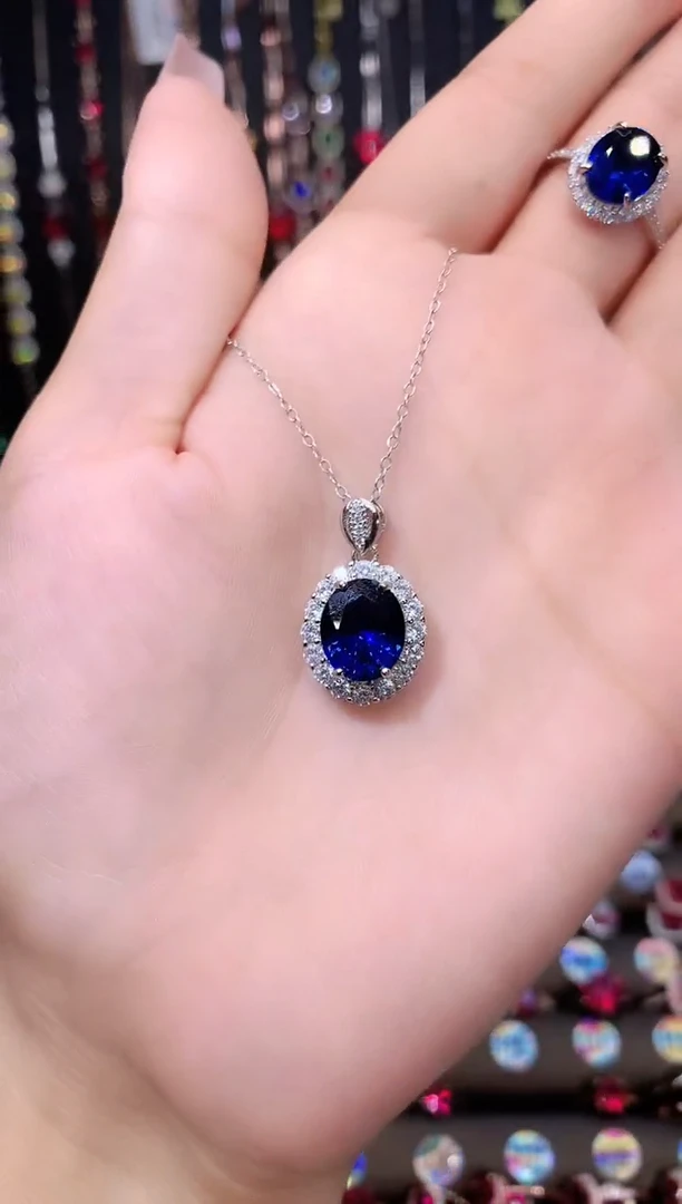 蓝宝石吊坠(赠链)银S925镶嵌银色911
