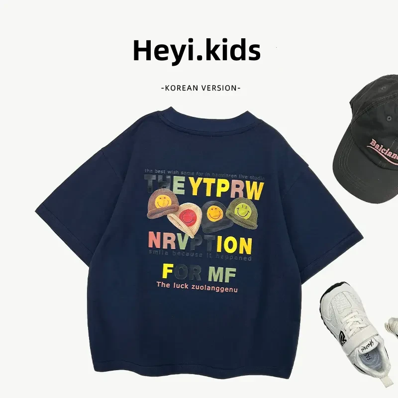 【Heyi.kids】2025夏季儿童时尚休闲韩版潮流宽松字母3D印花短袖T恤