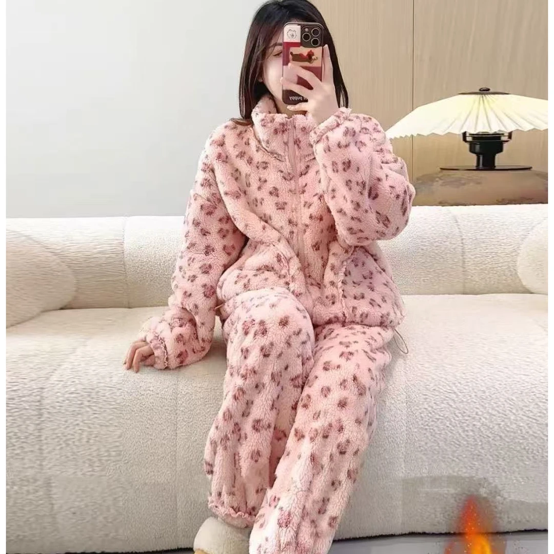 新款秋冬季豹纹拉链睡衣加绒加厚可外穿家居服套装M039
