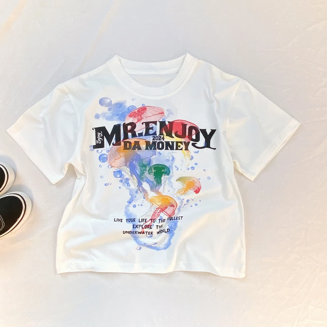 夏新款款儿童短袖中大童男女童上衣半袖满印休闲T恤圆领夏季