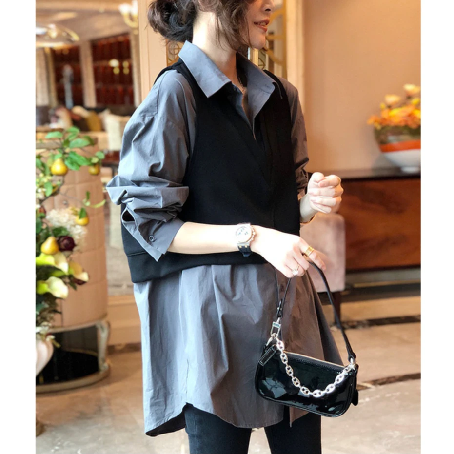 两件套中长款衬衫女休闲高端宽松别致洋气小衫装新款欧货