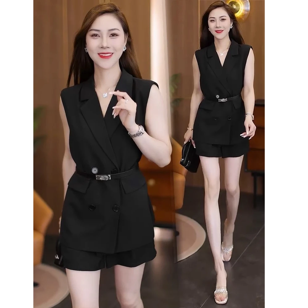 时尚无袖西装套装女2025夏季新款洋气显瘦收腰马甲短裤气质两件套