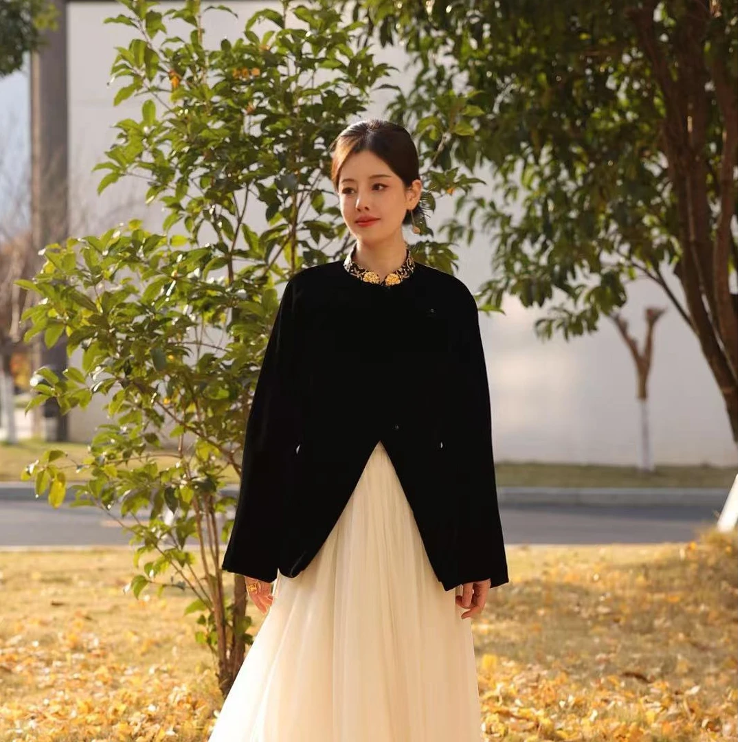 【尚金仕】景罗国风黑色宽松对襟百搭上衣