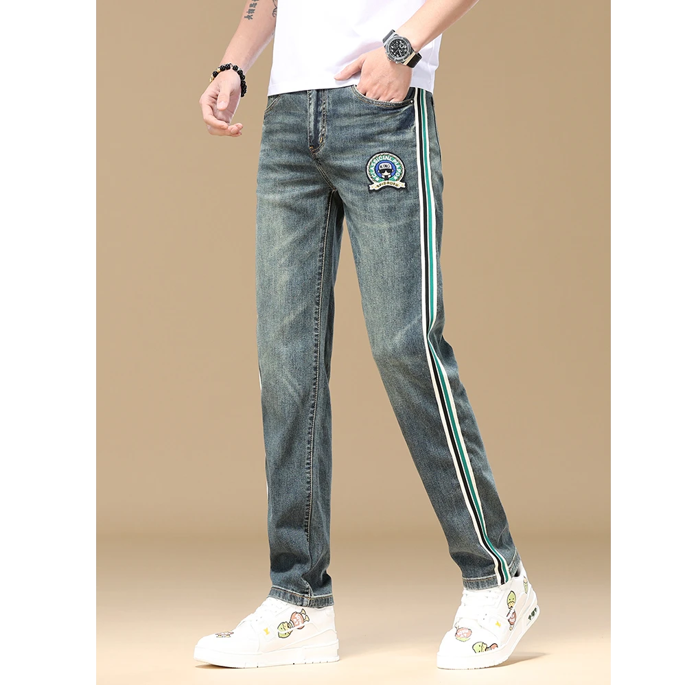 富比莫维牛仔裤怀旧复古欧货侧条纹修身小直筒秋弹力刺绣长裤子