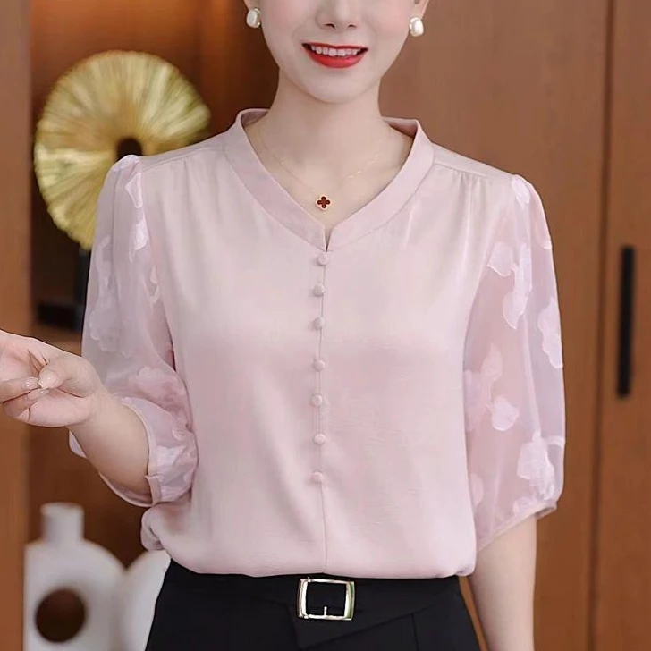 C025 夏季v领花边印花气质白色减龄薄款中国风短袖衬衫上衣